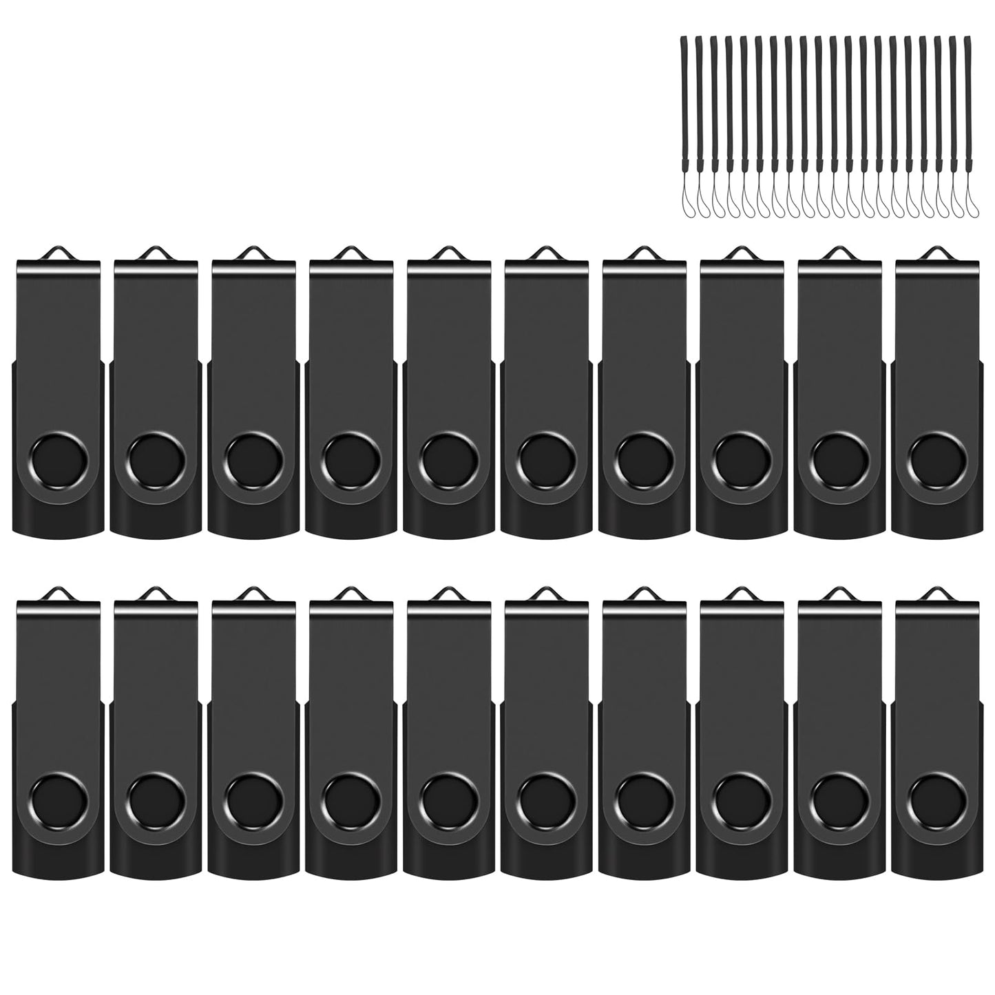 8GB USB Flash Drives – 20 Pack USB 2.0 Thumb Drives with Lanyards, Black Bulk Memory Sticks for Storage & Backup