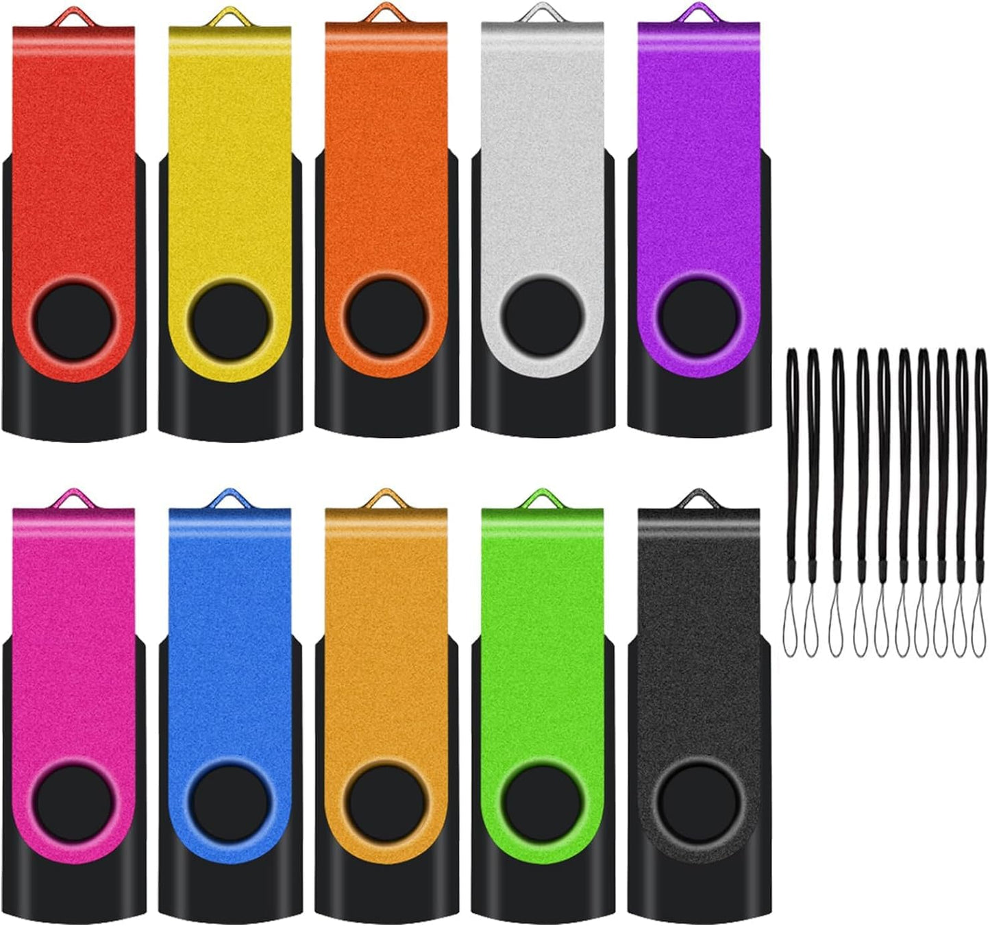 2GB USB Flash Drive Bulk 10-Pack – USB 2.0 Swivel Pen Drives with Lanyards, Assorted Colors