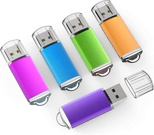 5 Pack 64GB USB Flash Drive in five colors, featuring USB 2.0 thumb drives for secure storage and easy file distinction.