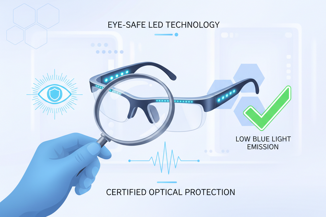 Hand holding a magnifying glass over LED Glasses showcasing eye-safe technology and low blue light emission.
