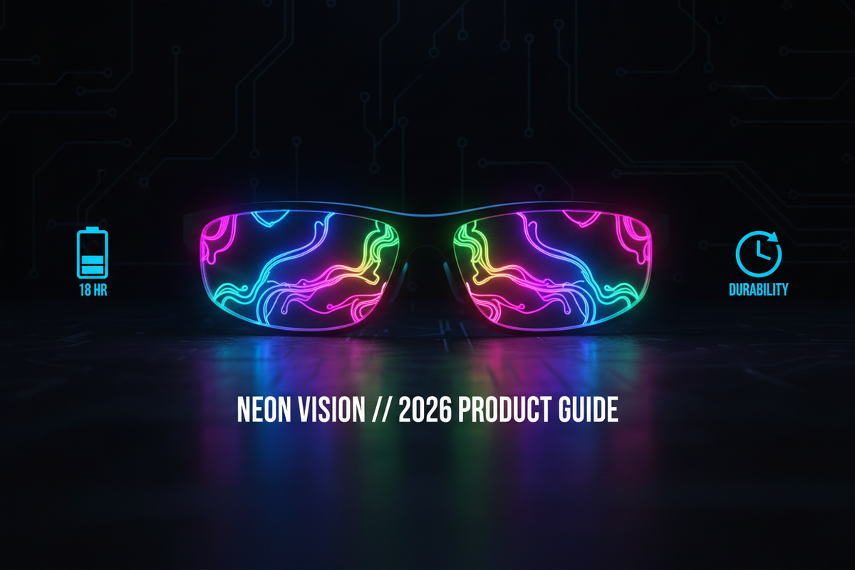 LED Glasses with neon design showcasing battery life and durability in a modern product guide.