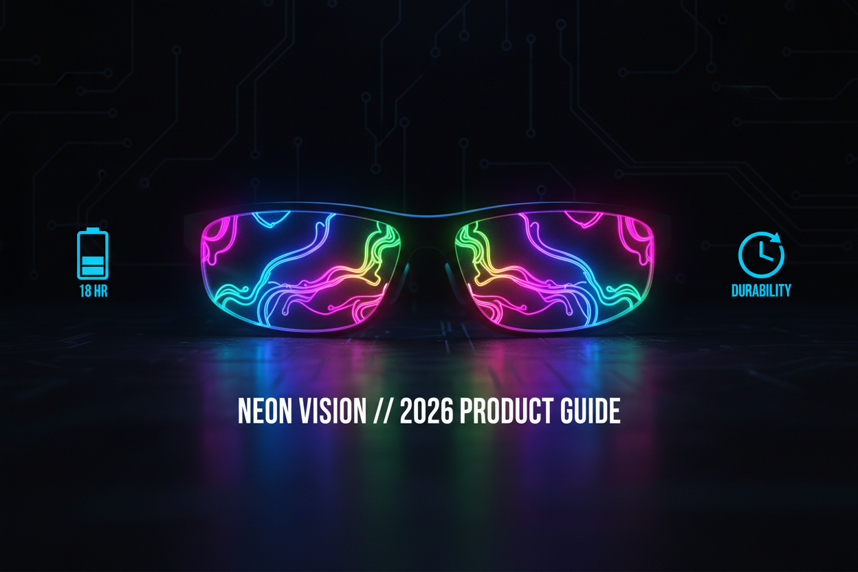 LED Glasses with neon design showcasing battery life and durability in a modern product guide.