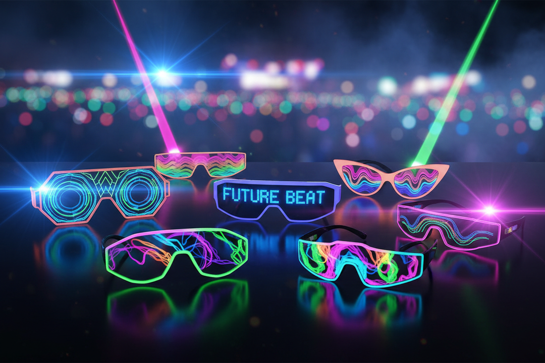 Colorful LED Glasses displayed on a table, perfect for parties, raves, and EDM festivals in 2026.