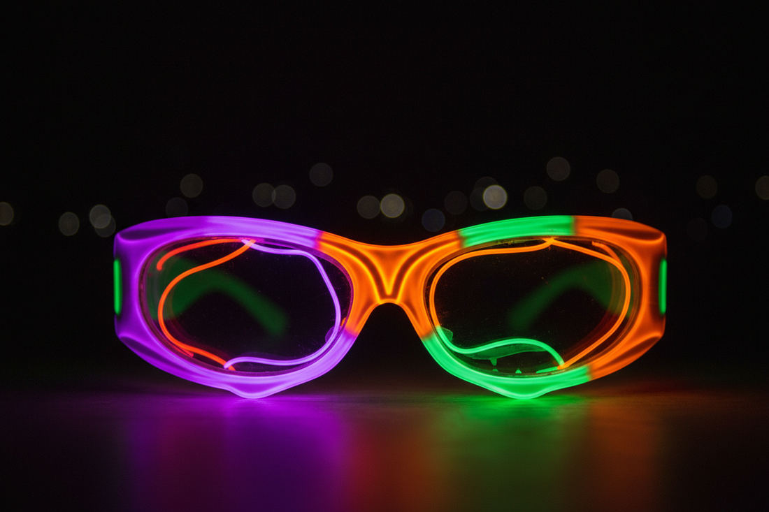 Colorful Halloween LED Glasses illuminated in purple and green light on a dark background.