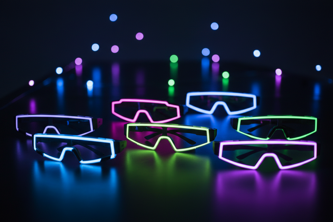 Colorful LED Glasses illuminated on a dark background, showcasing various styles and designs.