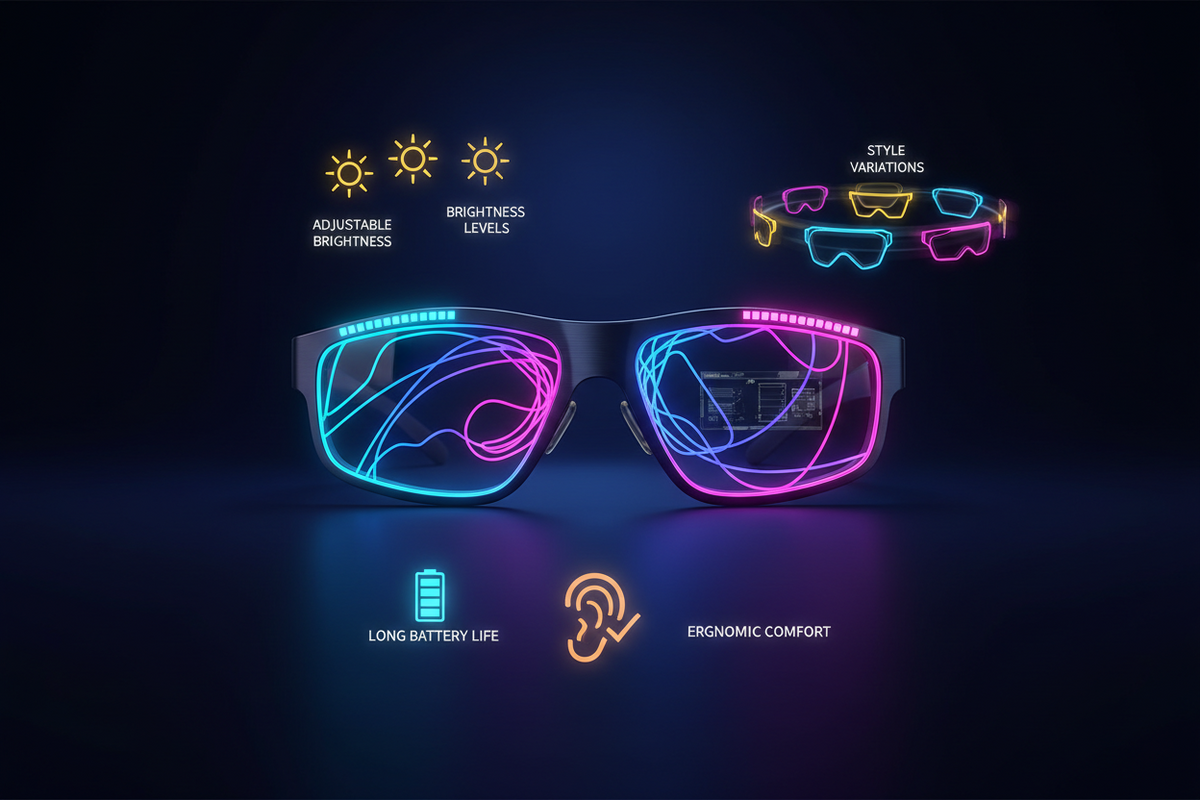 LED Glasses showcasing adjustable brightness, brightness levels, long battery life, and ergonomic comfort.