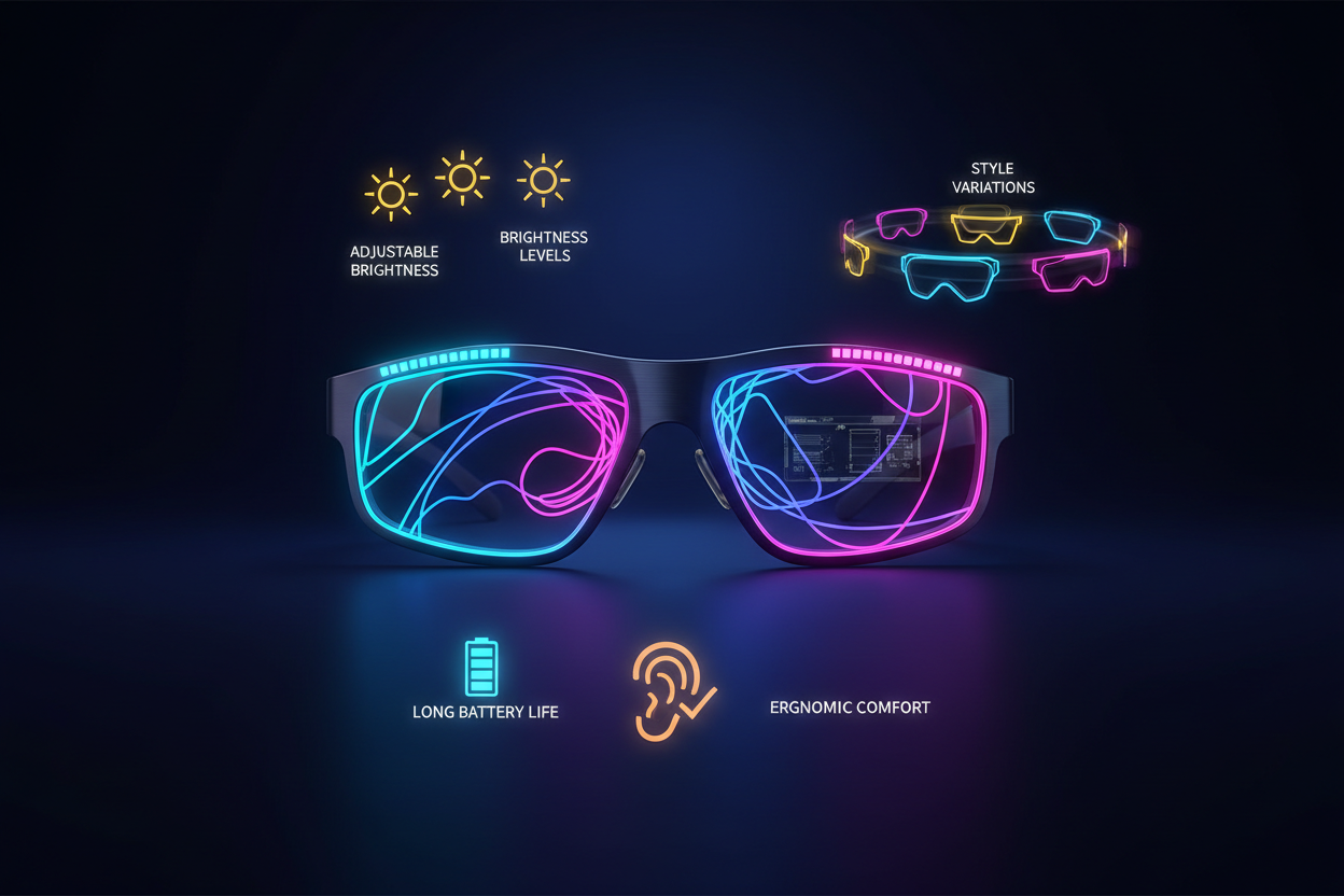 LED Glasses showcasing adjustable brightness, brightness levels, long battery life, and ergonomic comfort.