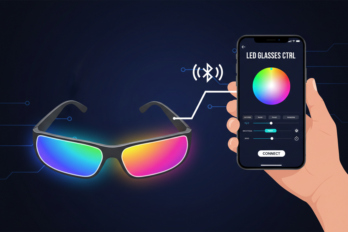 Controlling Bluetooth LED Glasses using a smartphone app interface displaying color options.