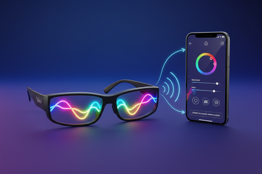 Bluetooth LED Glasses paired with a smartphone app for controlling their lighting features.