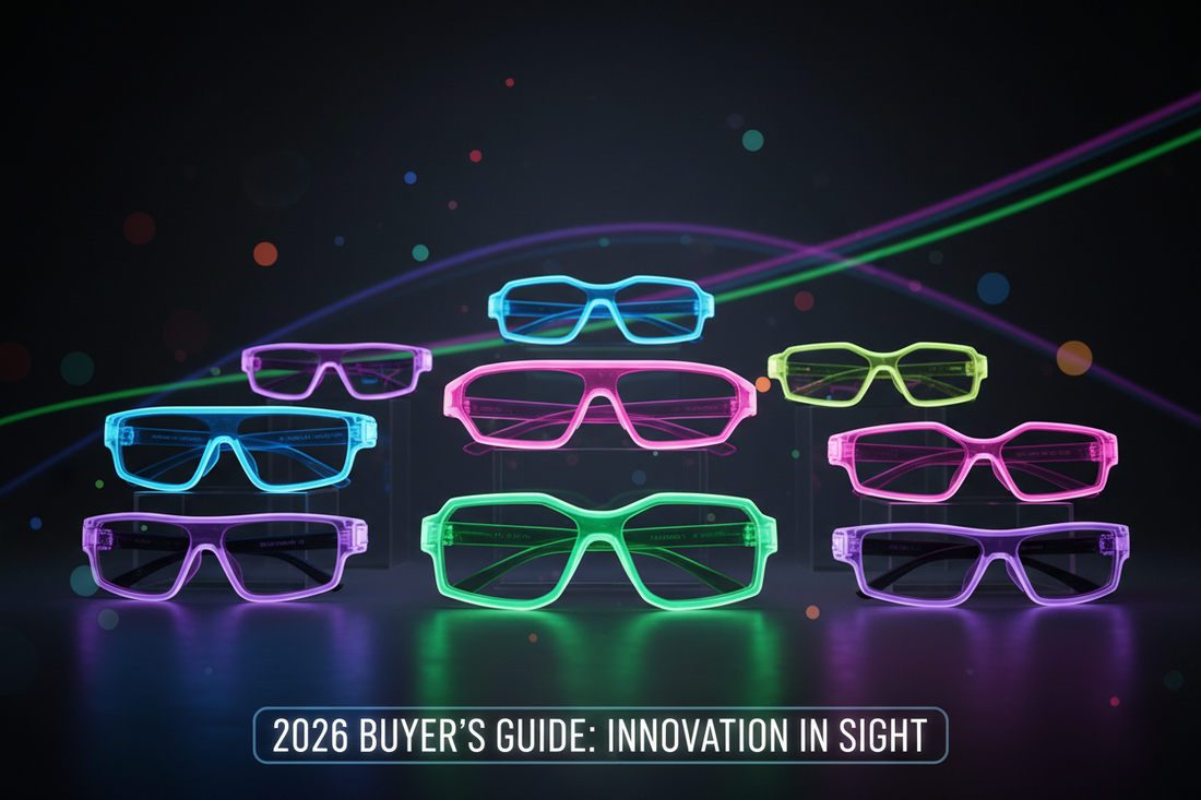 Colorful LED Glasses displayed with glowing elements for 2026 Buyer’s Guide on innovative eyewear.