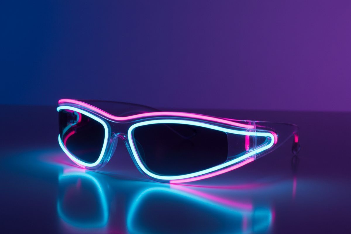 Stylish LED Glasses with vibrant neon colors glowing against a dark background.