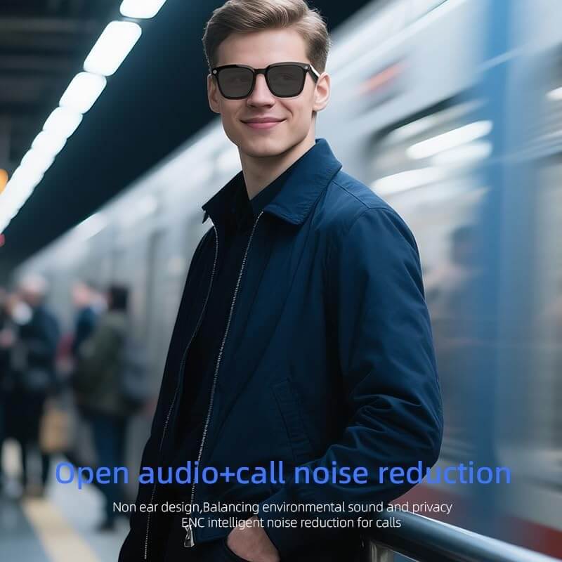 Man wearing smart glasses showcasing open audio and call noise reduction features in a subway station.
