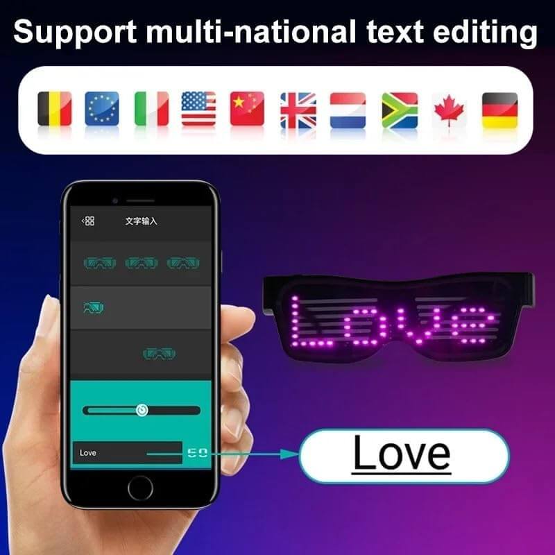 LED Glasses Light Up Glasses with customizable text patterns and multi-national support on a smartphone.