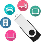 USB Flash Drive 2GB surrounded by icons representing various devices like cars, computers, and speakers.