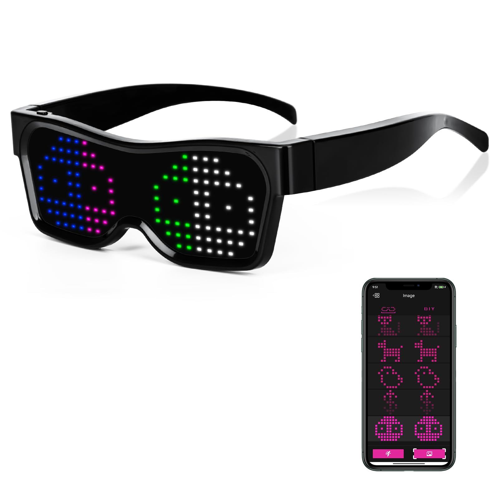 Gelrova LED Glasses for Party, Bluetooth Connected, Customizable Light Display, App-Controlled Animation, 60 Colors, Compact Design, USB Charging