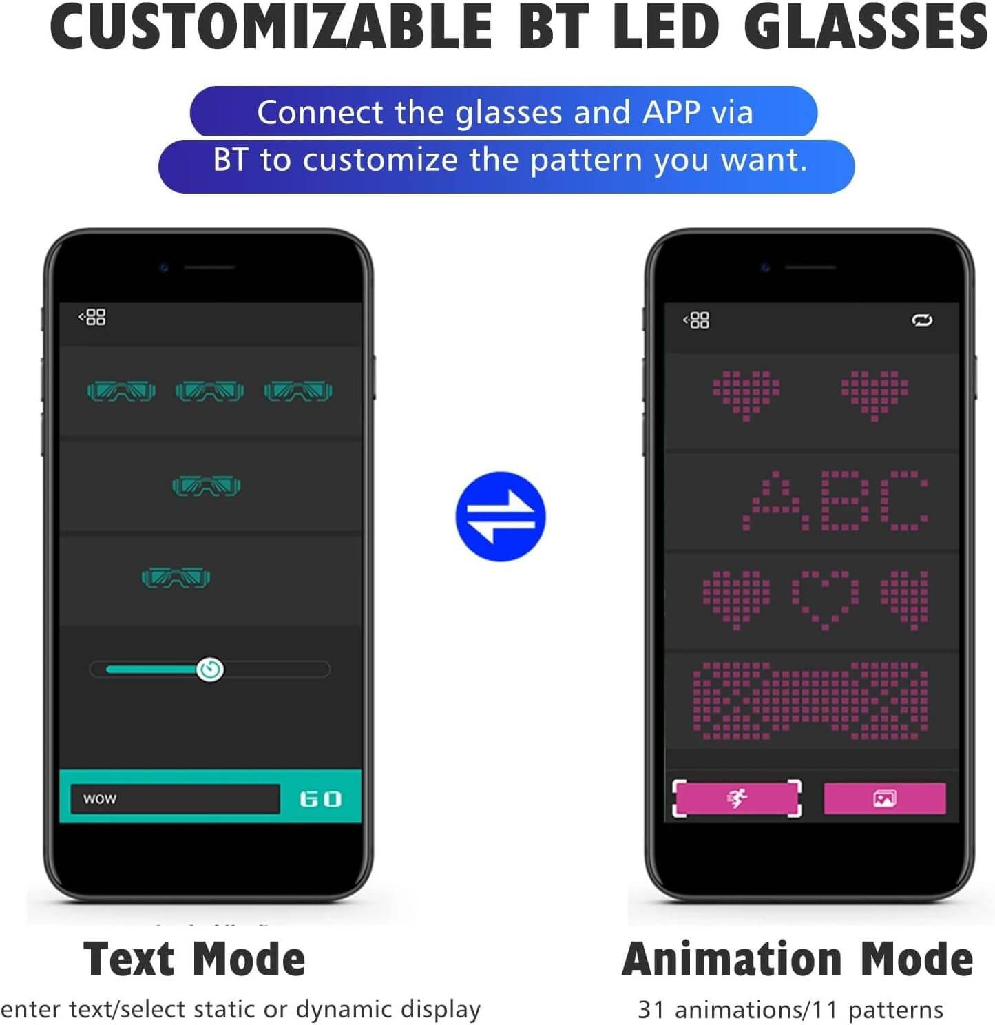 Image of customizable LED Glasses Light Up Glasses app interface showing Text and Animation modes.