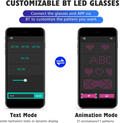 Image of customizable LED Glasses Light Up Glasses app interface showing Text and Animation modes.