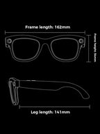 Dimensions of M01Pro Smart Camera Glasses showcasing frame and leg lengths for optimal fit.