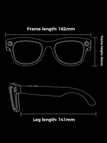 Dimensions of M01Pro Smart Camera Glasses showcasing frame and leg lengths for optimal fit.