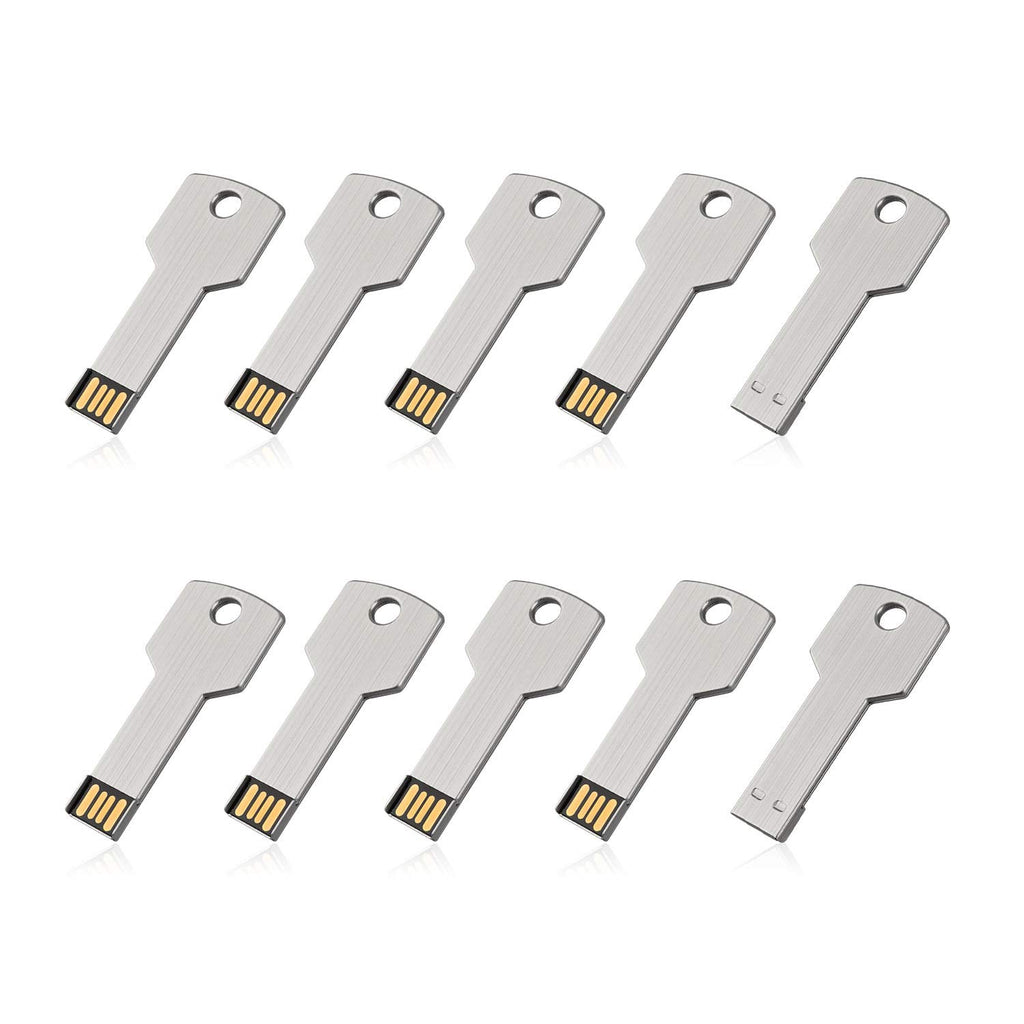 Key-Shaped USB Flash Drive 10-Pack – 32GB USB 2.0 Metal Pen Drives, Silver Finish