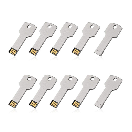Key-Shaped USB Flash Drive 10-Pack – 32GB USB 2.0 Metal Pen Drives, Silver Finish
