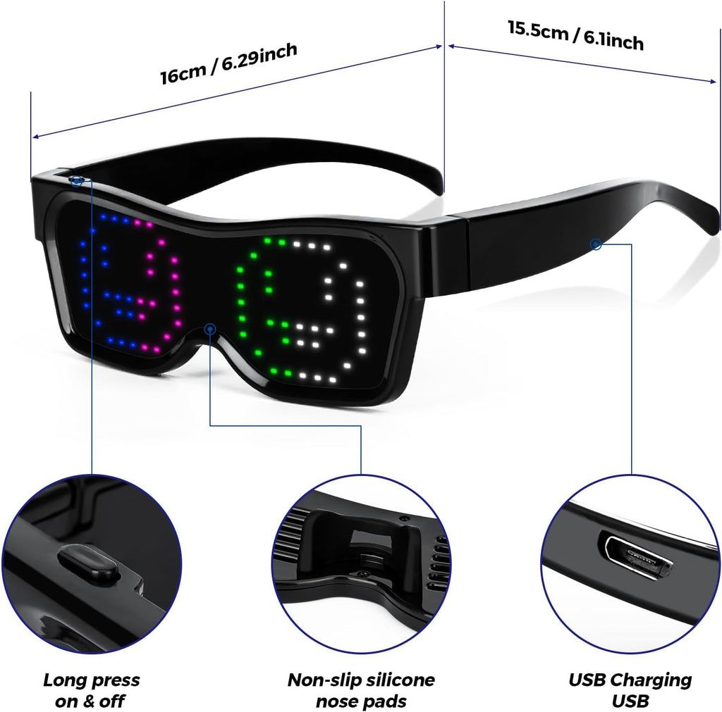 Gelrova LED Glasses for Party, Bluetooth Connected, Customizable Light Display, App-Controlled Animation, 60 Colors, Compact Design, USB Charging