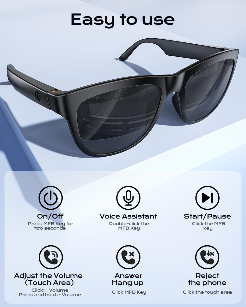 Smart Bluetooth Glasses,Built-in Mic & Speakers,Smart Wireless Headphone Sunglasses for Men and Women,Athletic/Outdoor UV Protection and Voice Control,Unisex(Black)