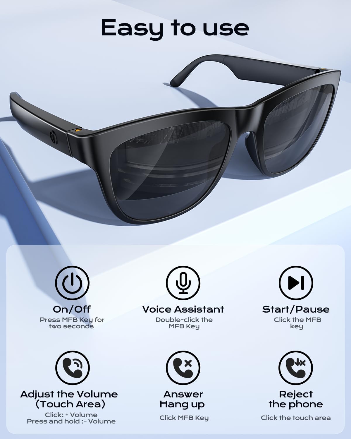 Smart Bluetooth Glasses,Built-in Mic & Speakers,Smart Wireless Headphone Sunglasses for Men and Women,Athletic/Outdoor UV Protection and Voice Control,Unisex(Black)