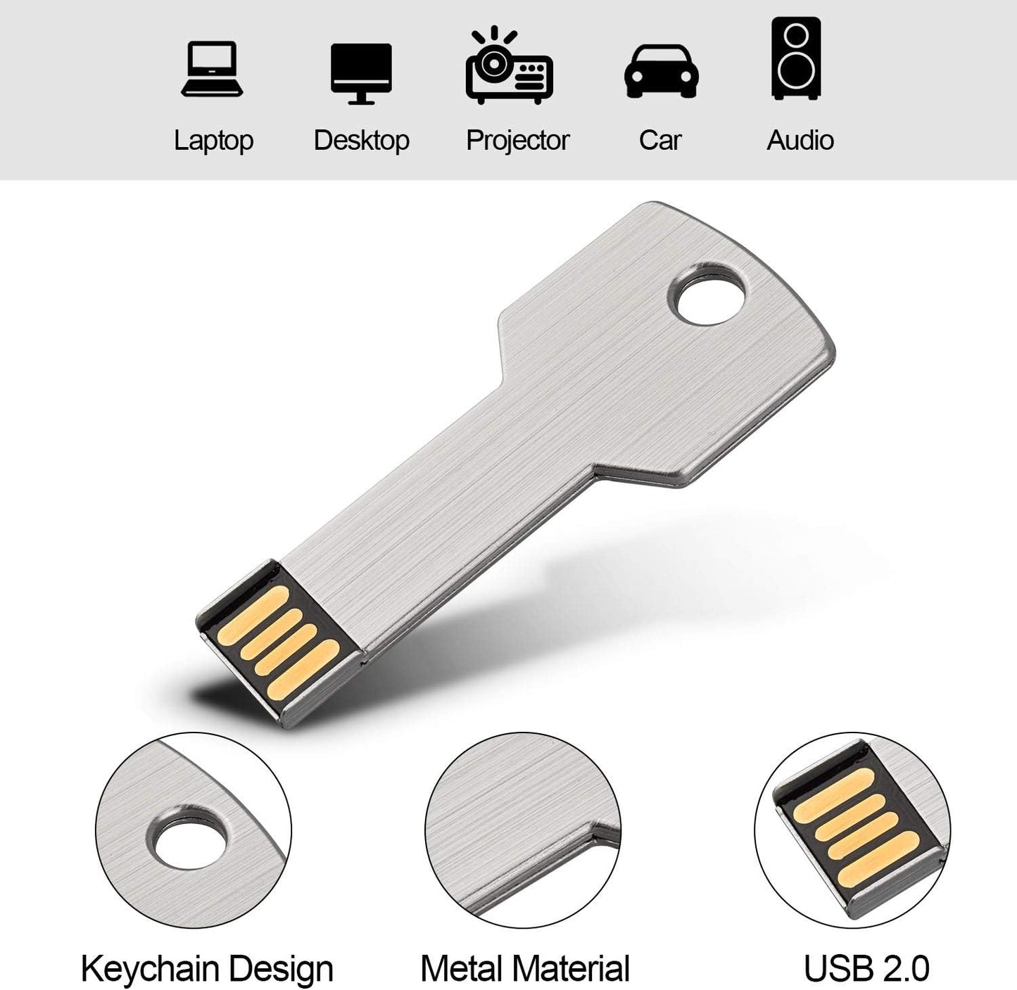 Key-Shaped USB Flash Drive 10-Pack – 32GB USB 2.0 Metal Pen Drives, Silver Finish