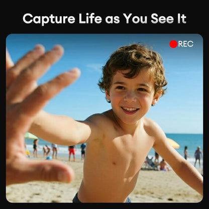 M01Pro Smart Camera Glasses capturing a boy at the beach in 1080P HD, showcasing hands-free video recording.