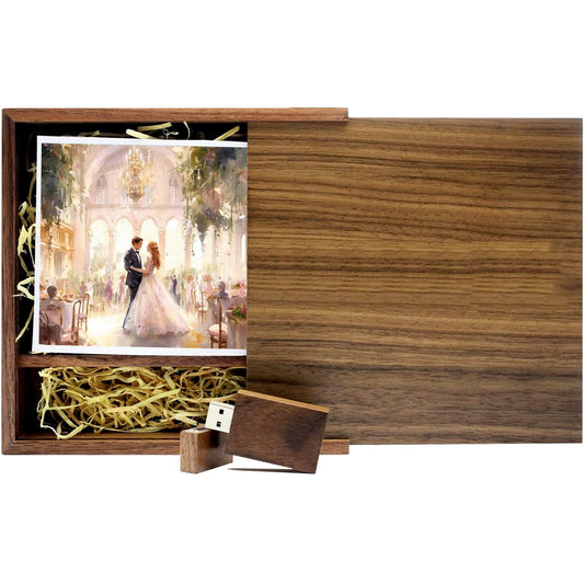 Wooden USB Flash Drive 32GB with Photo Box – TATMOHIK Walnut USB 2.0 for Wedding Memories & Gifts
