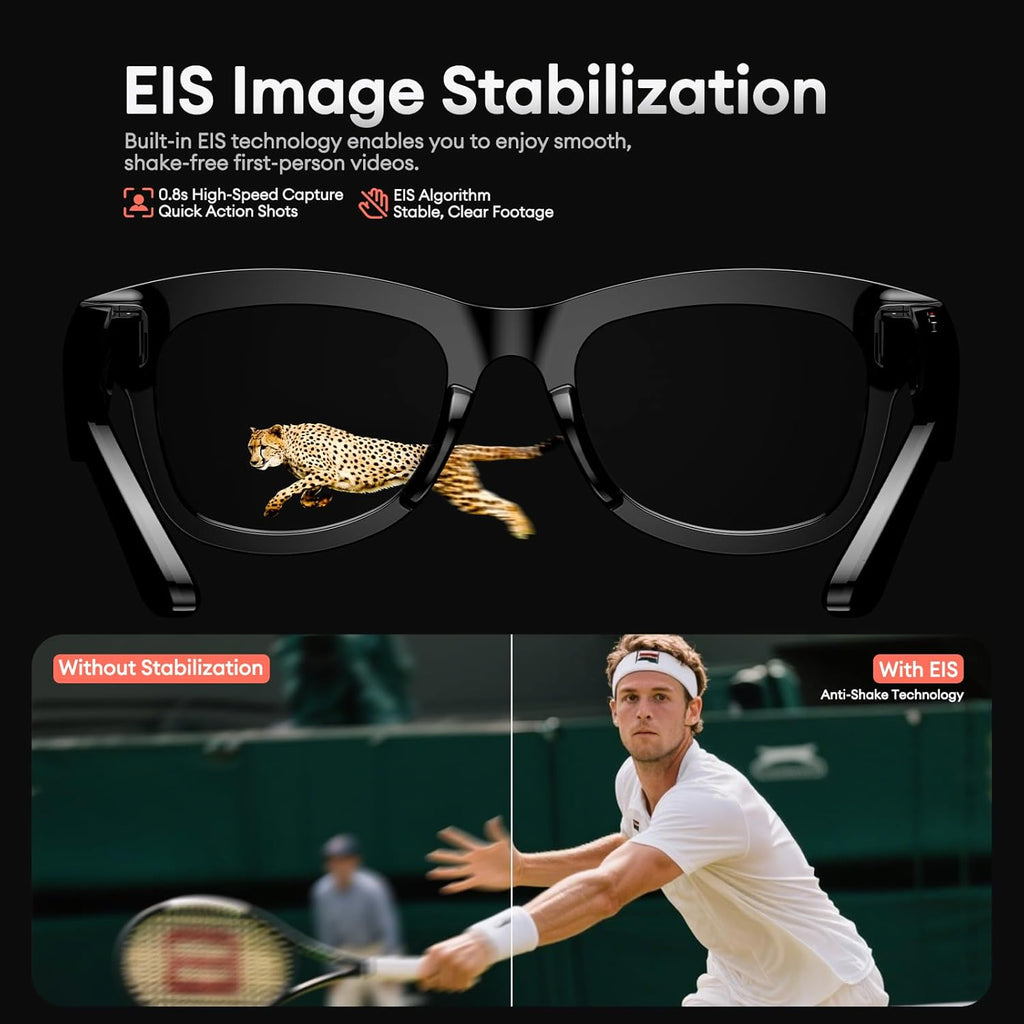 M01Pro Smart Camera Glasses showcasing EIS image stabilization for smooth first-person videos and quick action shots.