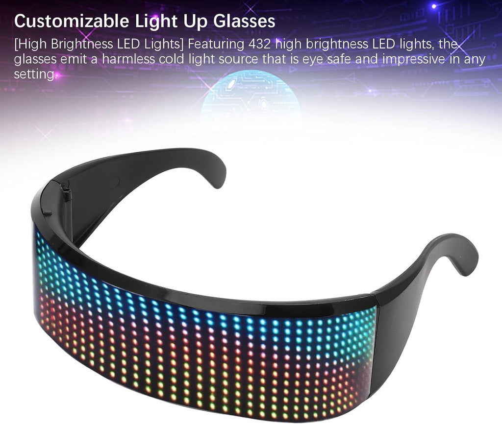 Yunir LED Glasses, Bluetooth Customizable RGB Light Up Glasses with 4 Display Modes, High Brightness, APP Controlled Smart Glasses, for Party Festival Cosplay