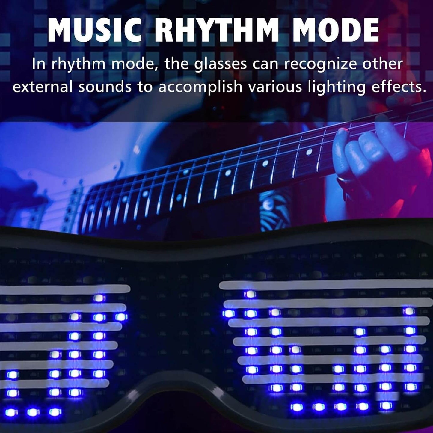 LED Glasses Light Up Glasses in Music Rhythm Mode, reacting to external sounds with dynamic lighting effects.