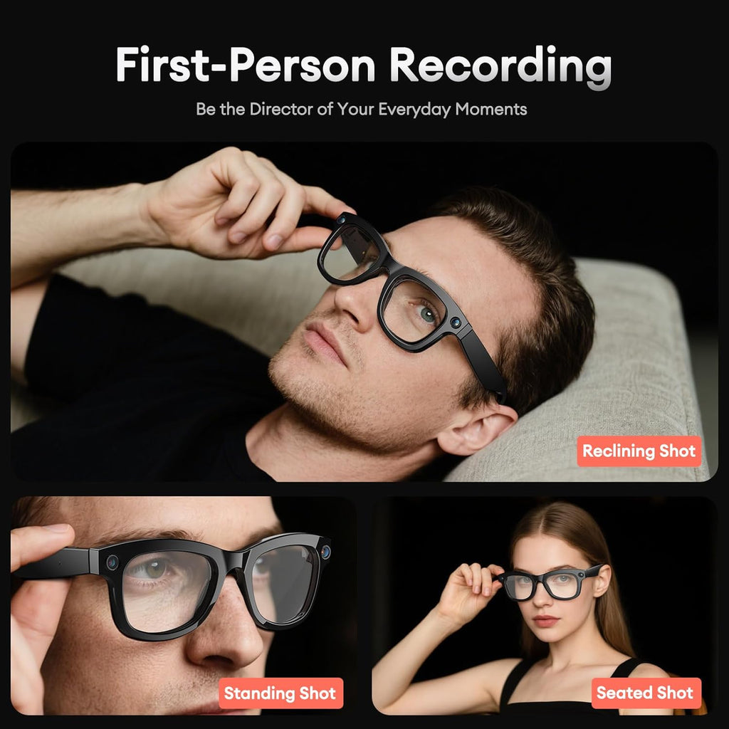 M01Pro Smart Camera Glasses capturing first-person shots for everyday moments in a stylish design.