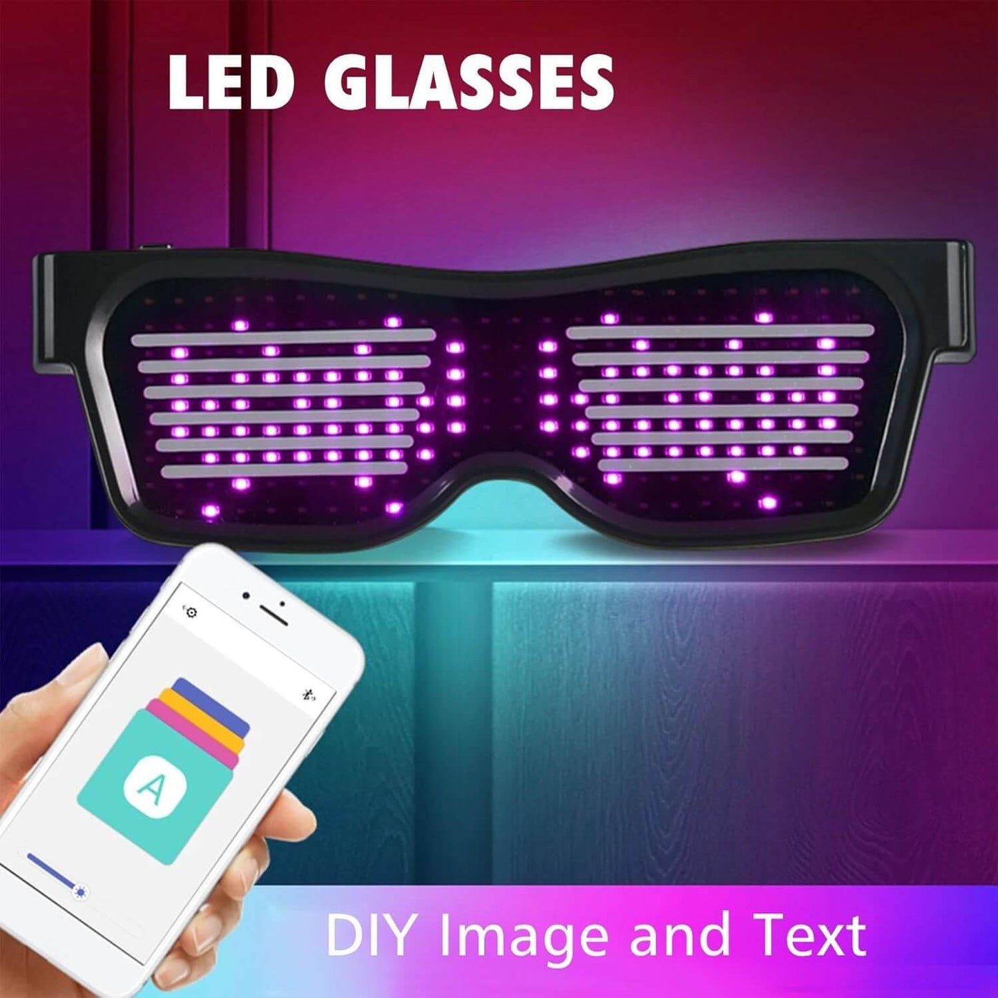 LED Glasses Light Up Glasses with customizable DIY image and text patterns.
