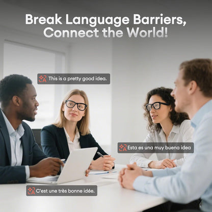 Group discussing ideas with Smart Camera Glasses for real-time translation and communication.