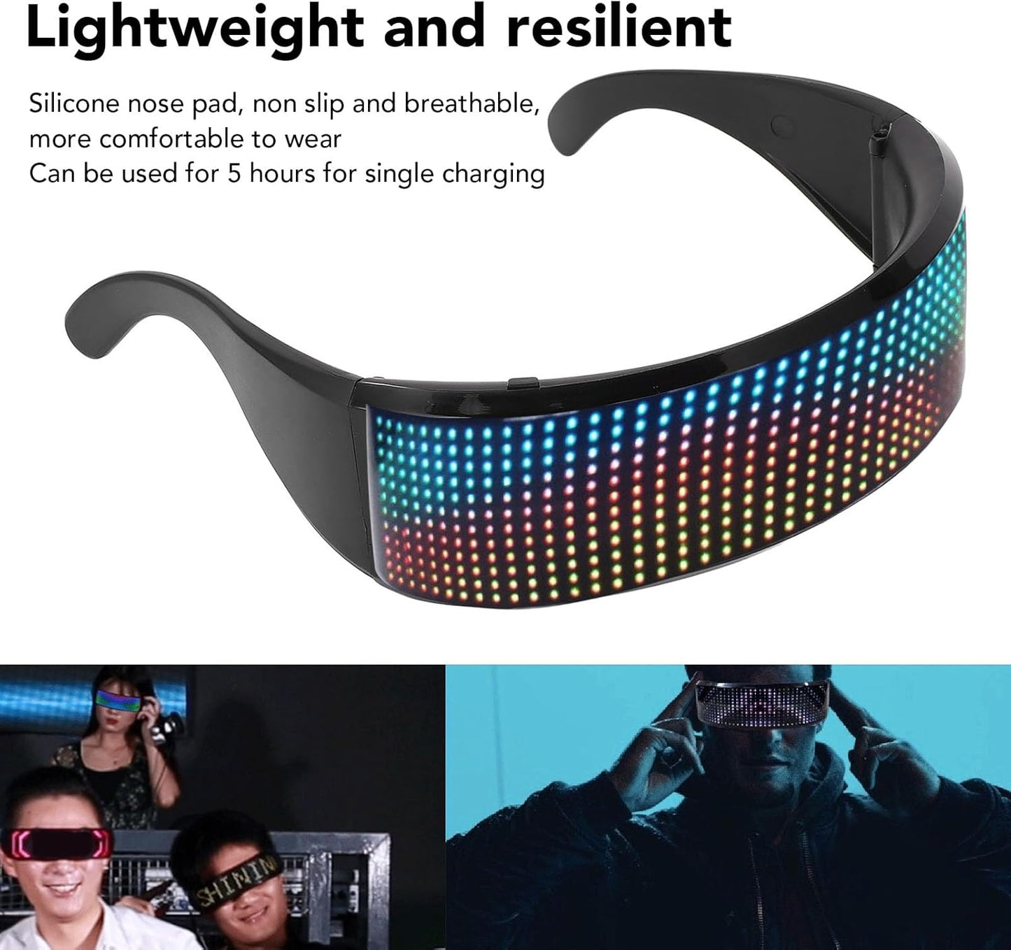 LED Glasses Bluetooth RGB Light Up Smart Glasses 4 Display Modes