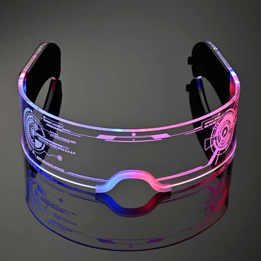 Light Up LED Party Glasses featuring a futuristic electronic design with neon colors on a reflective surface.