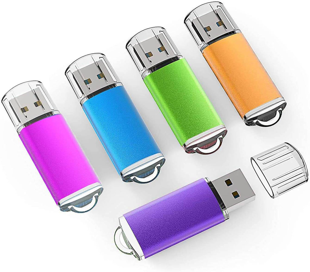 5 Pack 64GB USB Flash Drive with colorful designs in pink, blue, green, orange, and purple for file storage.