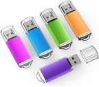 5 Pack 64GB USB Flash Drive with colorful designs in pink, blue, green, orange, and purple for file storage.