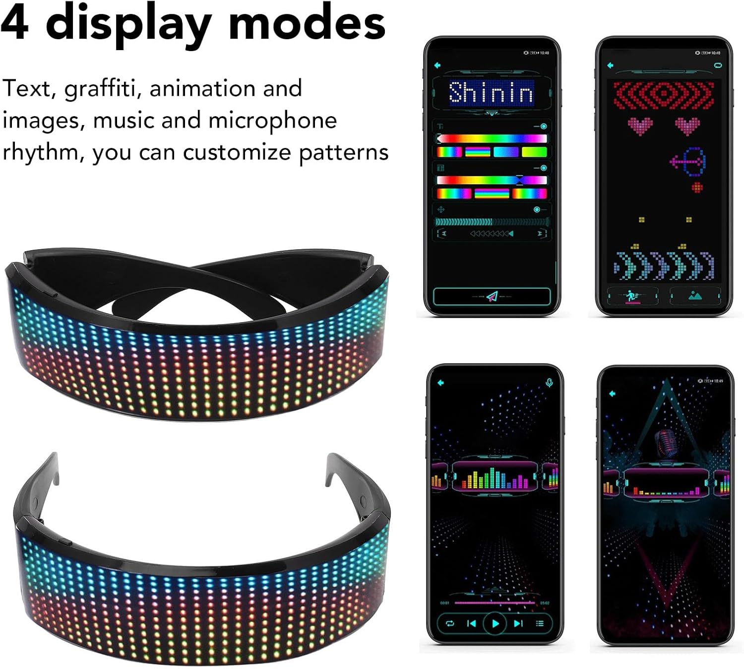 Yunir LED Glasses, Bluetooth Customizable RGB Light Up Glasses with 4 Display Modes, High Brightness, APP Controlled Smart Glasses, for Party Festival Cosplay