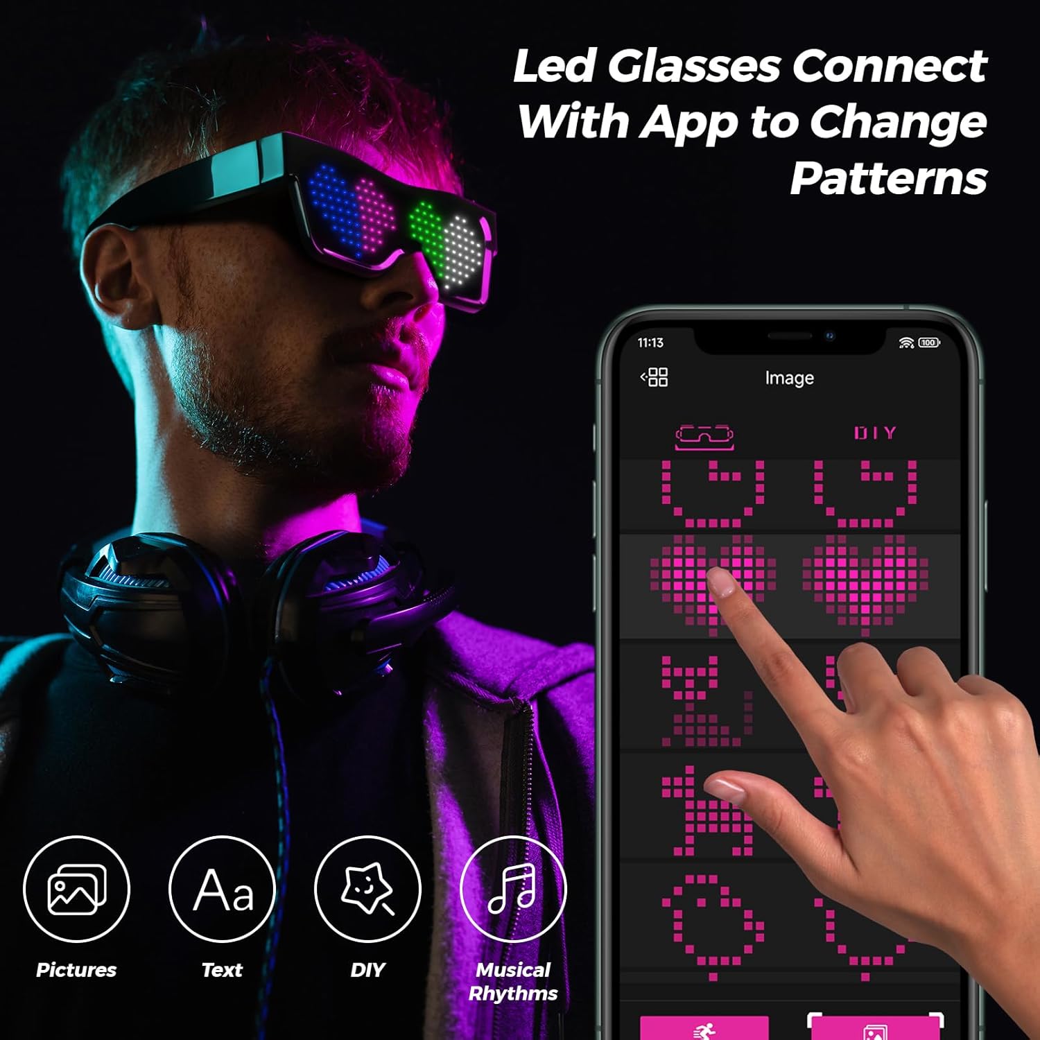 Gelrova LED Glasses for Party, Bluetooth Connected, Customizable Light Display, App-Controlled Animation, 60 Colors, Compact Design, USB Charging