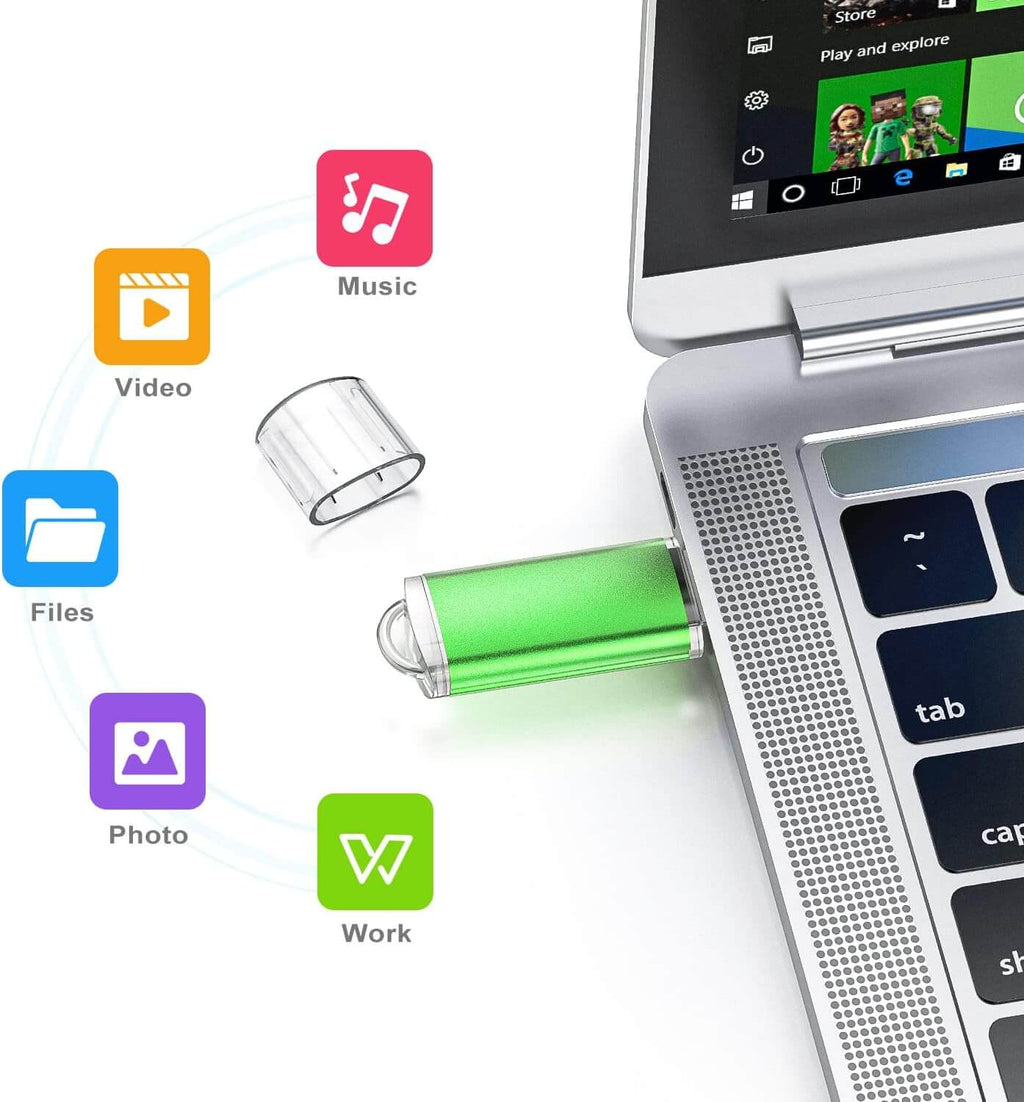 5 Pack 64GB USB Flash Drive connected to a laptop, showcasing its use for video, music, photos, and work.