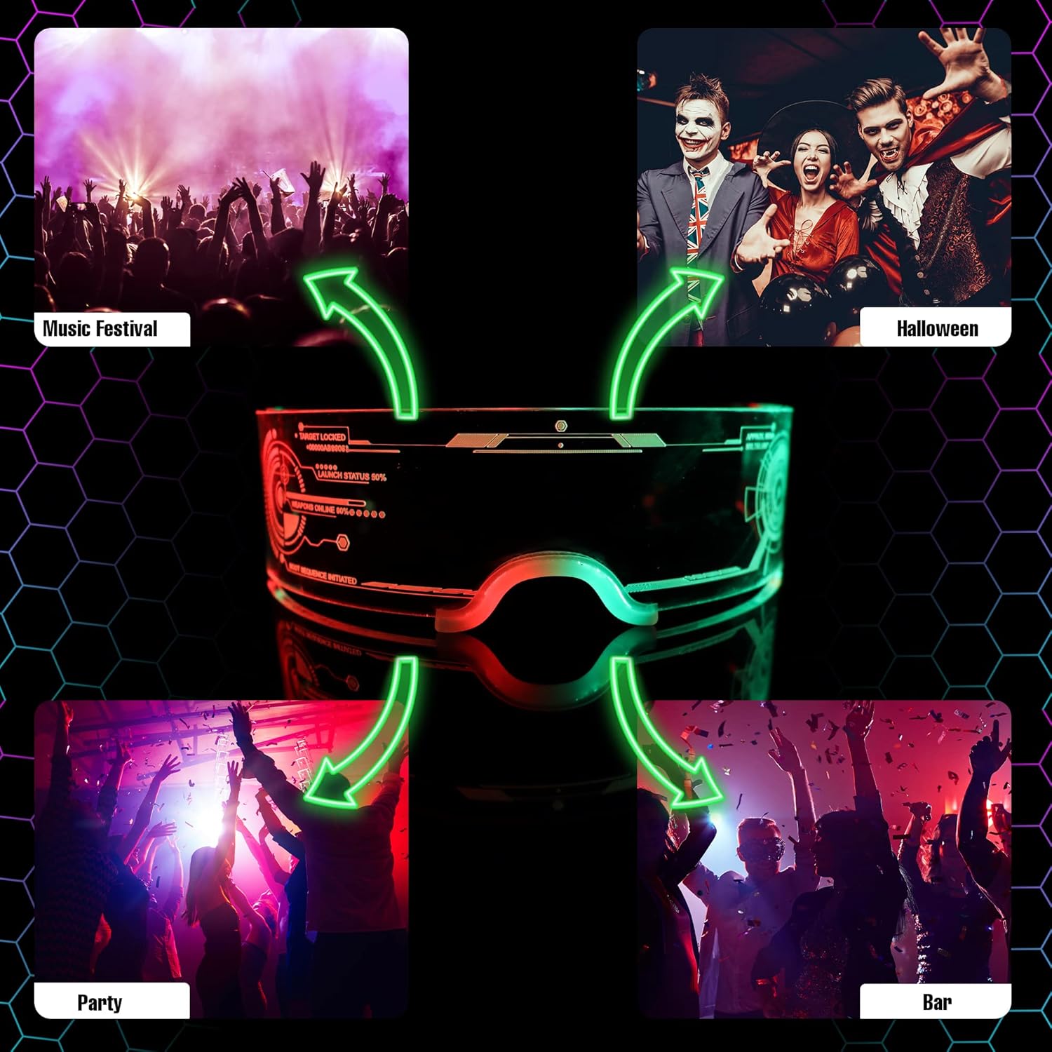 Oybete Light Up LED Party Glasses, LED Visor Glasses for Kids and Adults, Futuristic Electronic Honeycomb Luminous Glasses